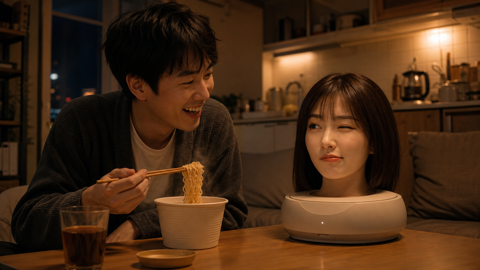 Adult sharing a meal with an ORION companion head in a warm kitchen setting