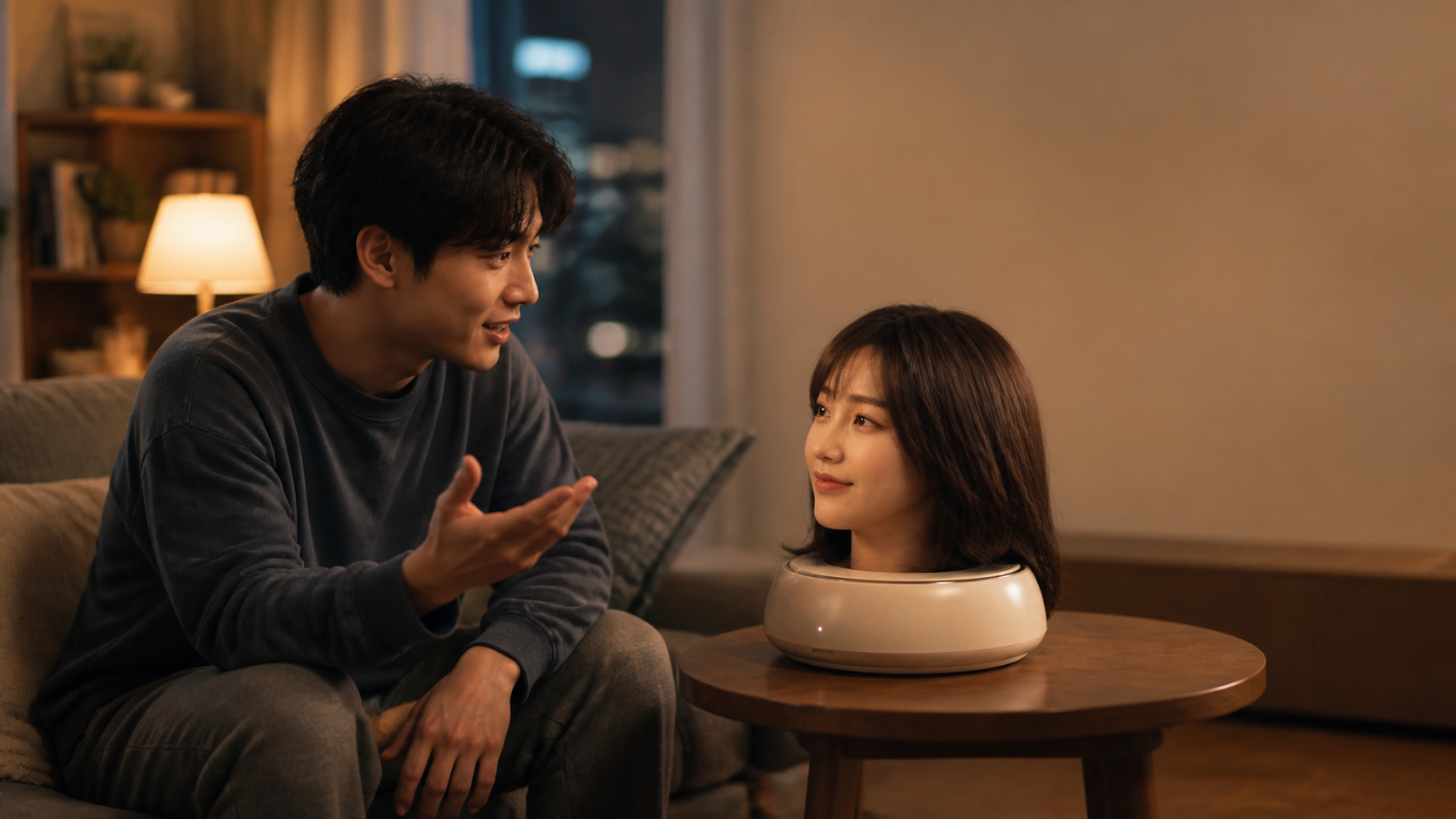 Adult speaking with an ORION companion head on a living-room table at night